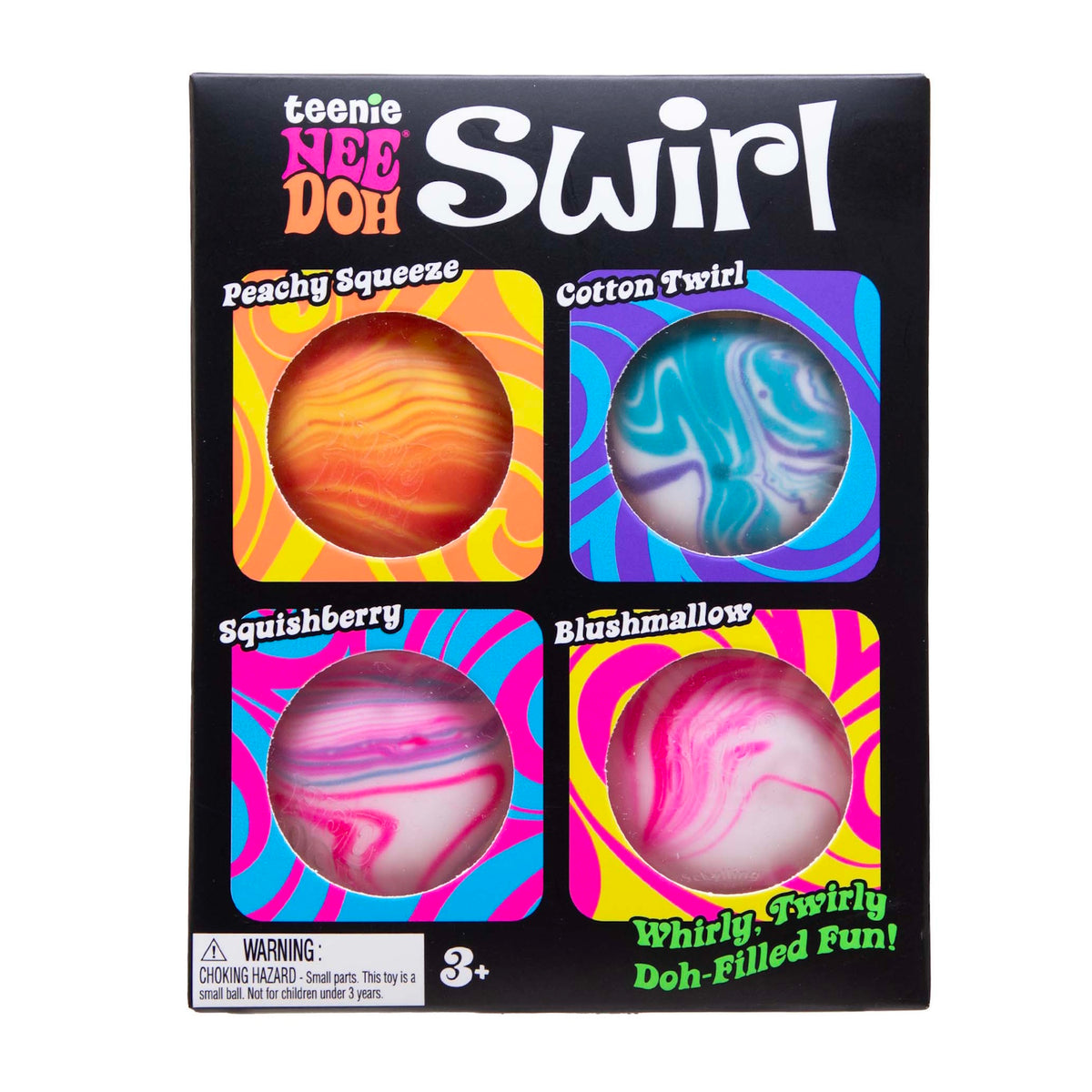 Teenie NeeDoh Swirl multipack squishy fidget toys featuring Peachy Squeeze, Cotton Twirl, Squishberry, and Blushmallow.