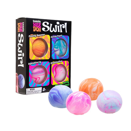 Teenie NeeDoh Swirl 3-pack fidget toys in Peachy Squeeze, Cotton Twirl, and Squishberry colors with original packaging.