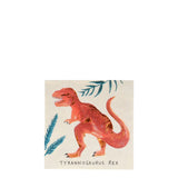 Meri Meri Dinosaur Kingdom napkin featuring an orange Tyrannosaurus Rex with gold foil details and blue ferns.