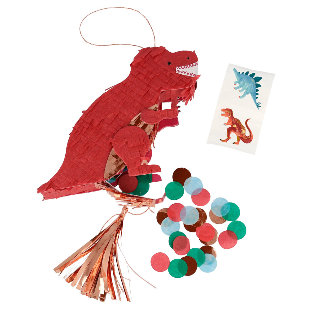 A mini dinosaur-shaped piñata in green with colorful streamers, perfect for party favors or small treats.