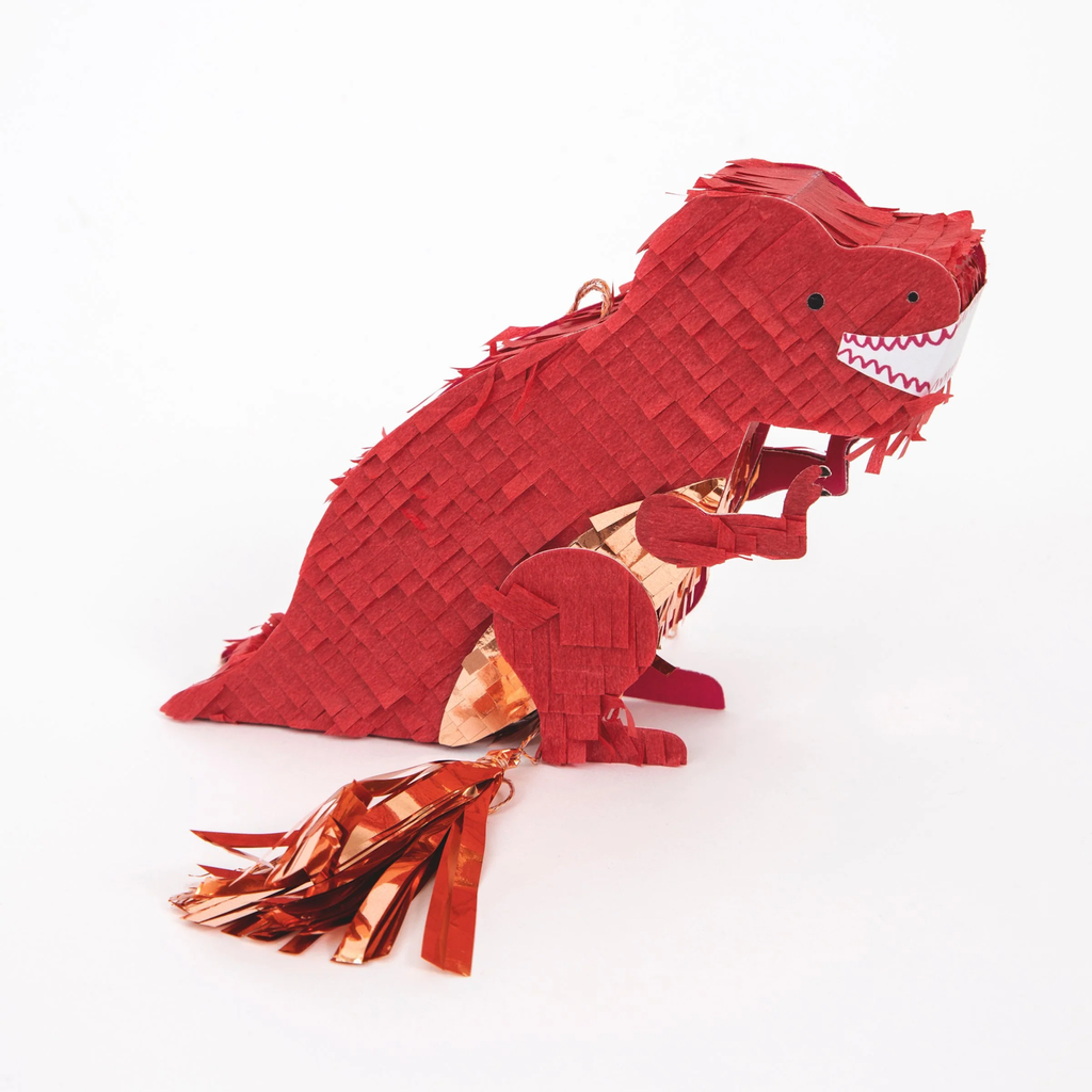 A mini dinosaur-shaped piñata in green with colorful streamers, perfect for party favors or small treats.