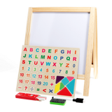 Wooden tabletop whiteboard easel shown with a magnet board of letters and numbers in front.