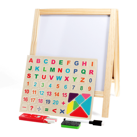 Wooden tabletop whiteboard easel shown with a magnet board of letters and numbers in front.