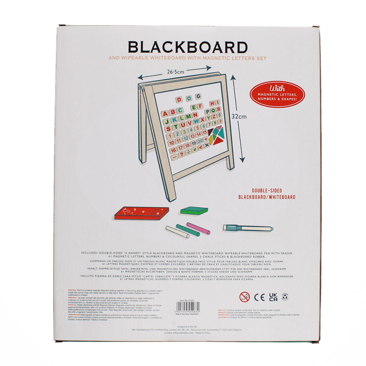 Back of easel box detailing product dimensions, included accessories, and safety warnings.