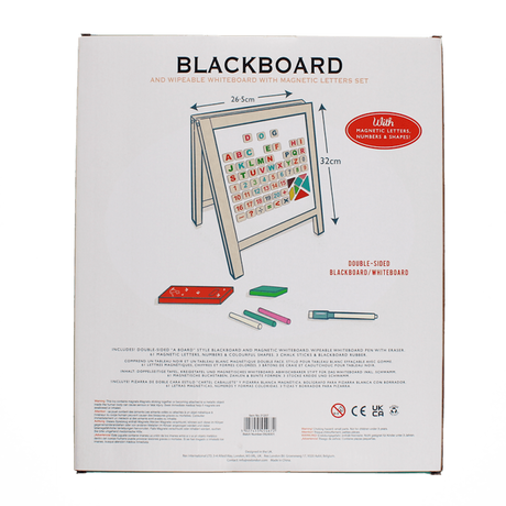 Back of easel box detailing product dimensions, included accessories, and safety warnings.