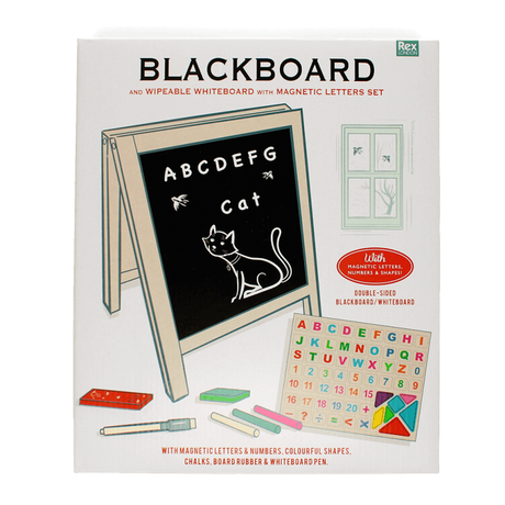 Front packaging of a tabletop blackboard and whiteboard set featuring product details and accessories.