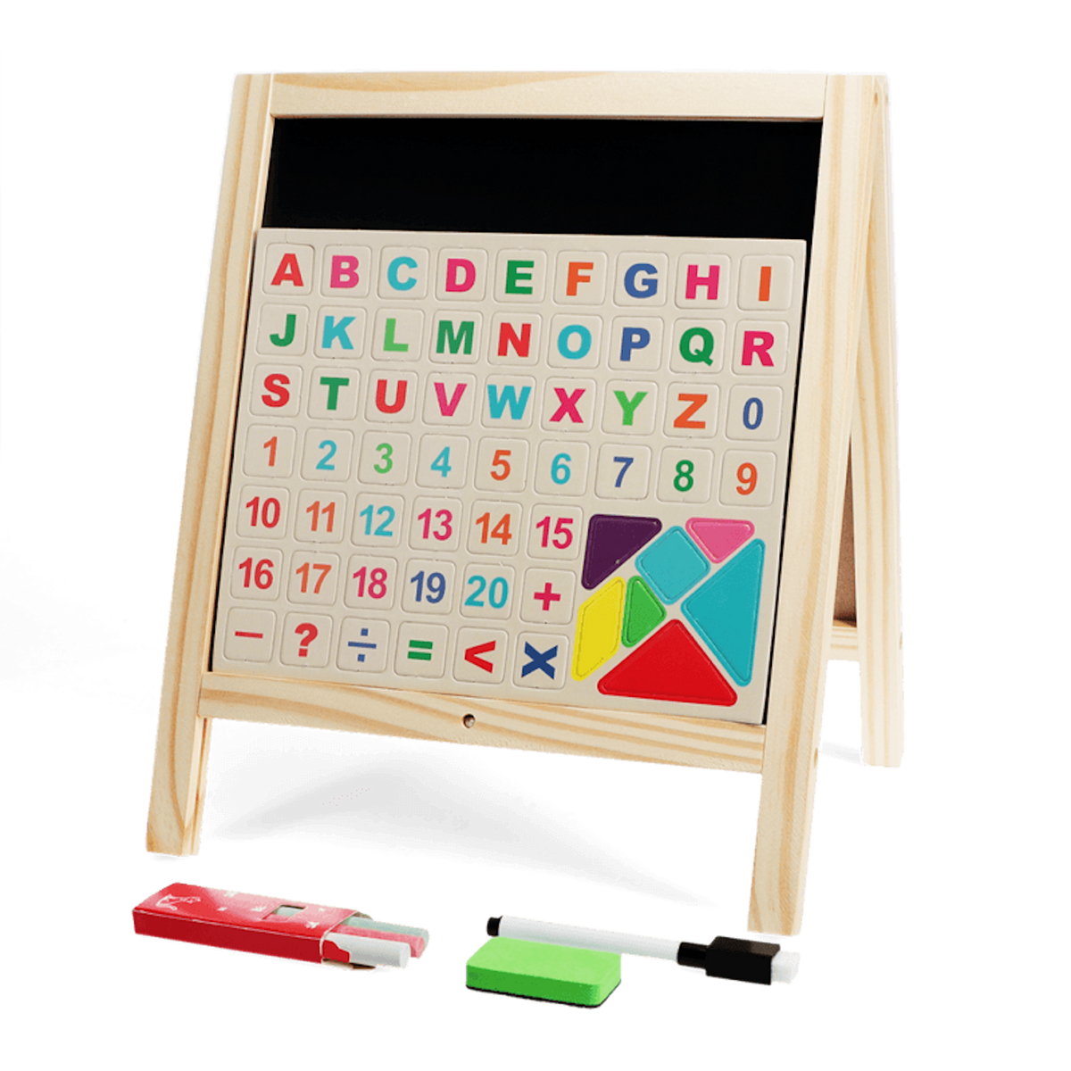 Wooden tabletop easel with magnetic letters, numbers, tangram shapes, chalk, eraser, and marker.
