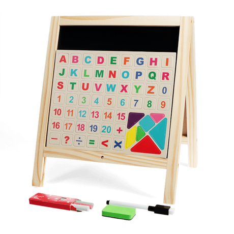 Wooden tabletop easel with magnetic letters, numbers, tangram shapes, chalk, eraser, and marker.