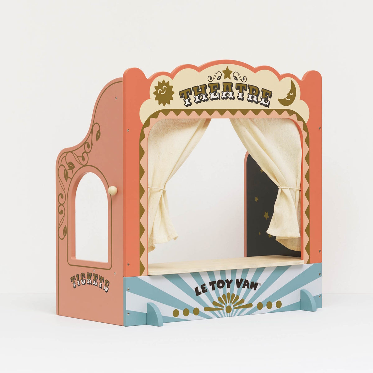 Vintage tabletop wooden puppet theatre with fabric curtains and a ticket window.