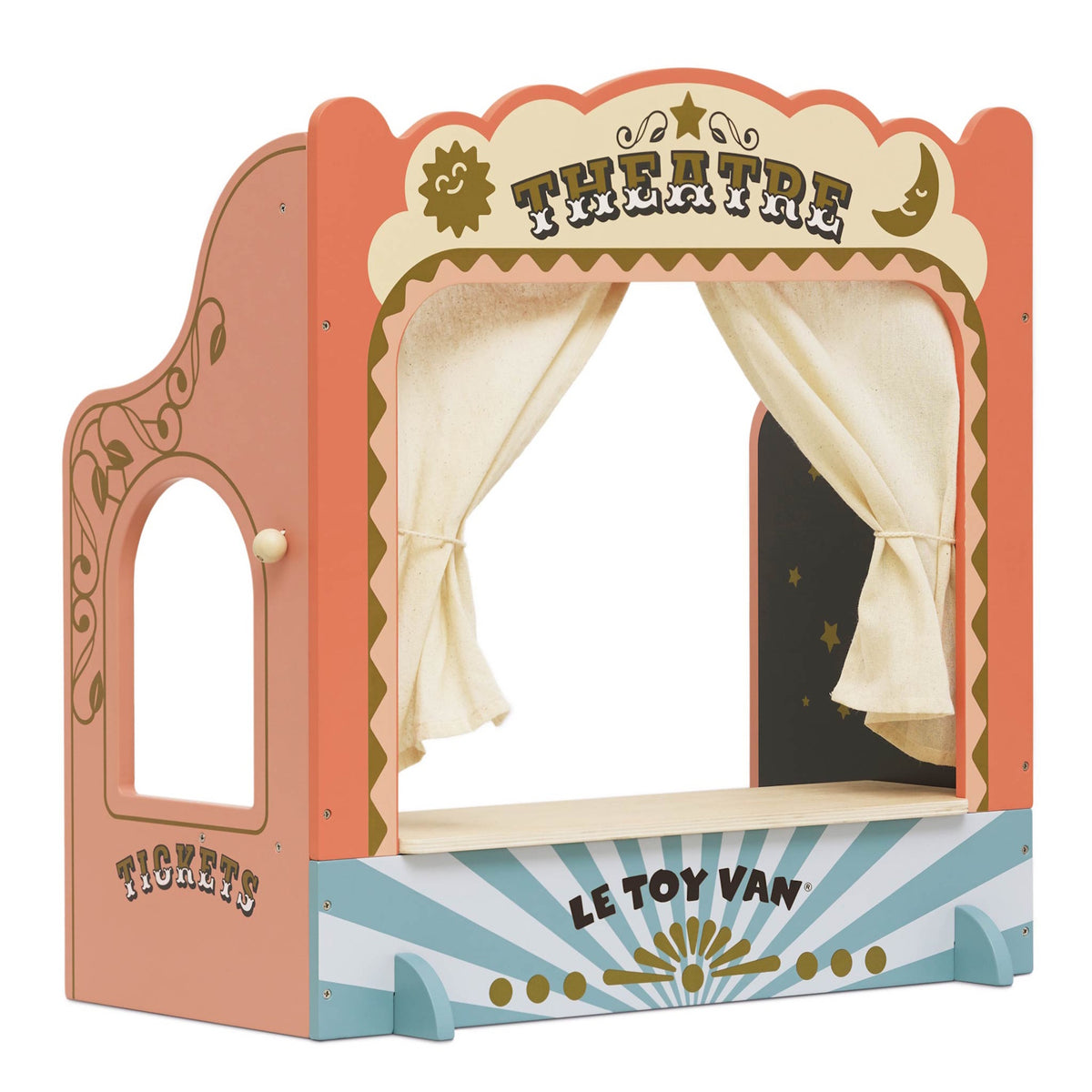 Vintage-style tabletop wooden puppet theatre with fabric curtains and a ticket window.