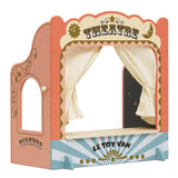 Vintage-style tabletop wooden puppet theatre with fabric curtains and a ticket window.