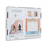 Product packaging box for a wooden tabletop puppet theatre showing product images and feature details.