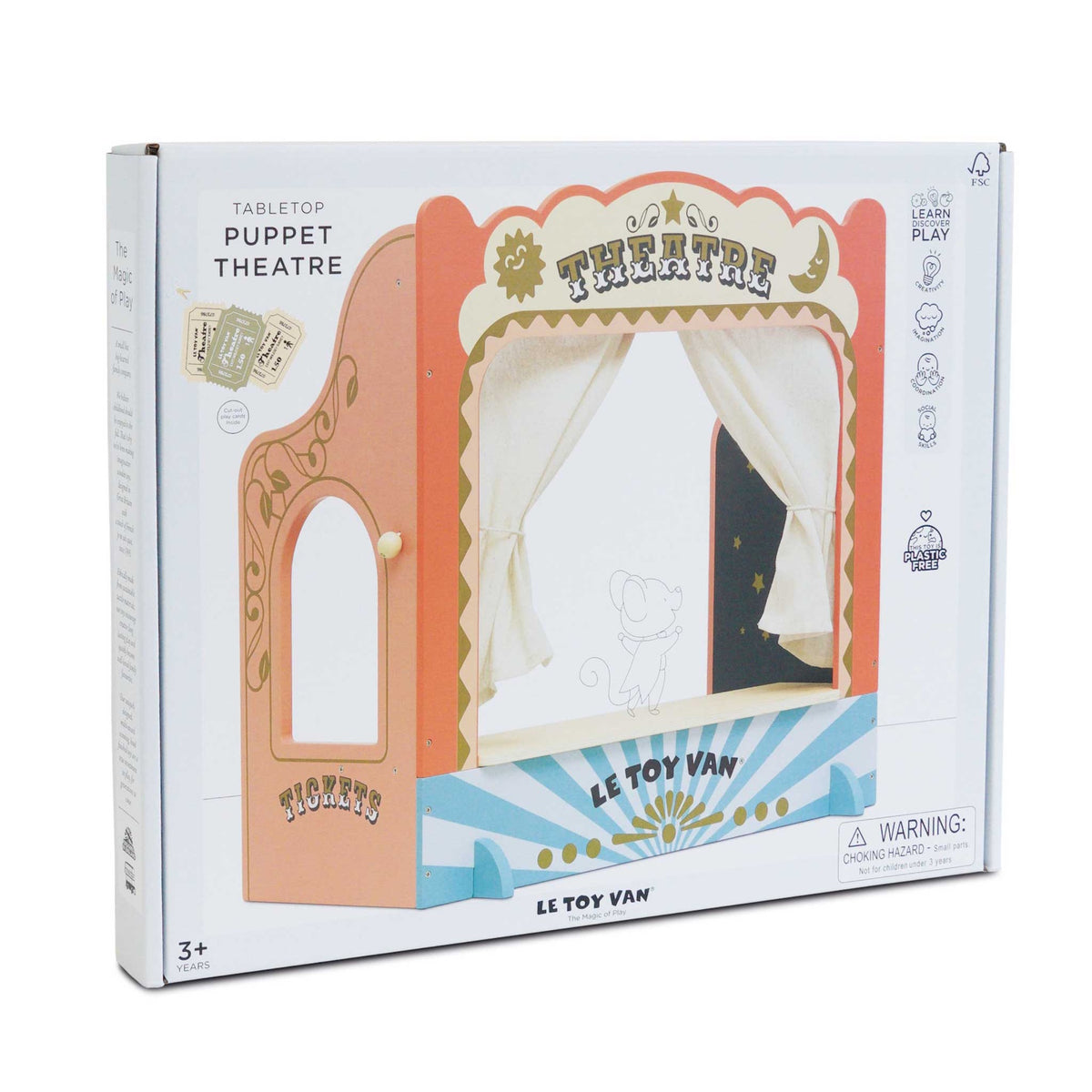 Packaging box for a Le Toy Van tabletop wooden puppet theatre showing product details.