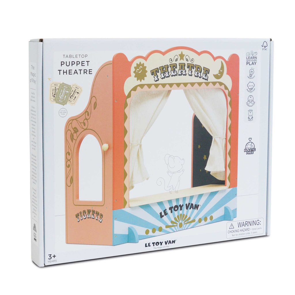 Box for a tabletop puppet theater by Le Toy Van, featuring a colorful stage with curtains, whimsical illustrations, and vintage theater accents.