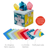 Kimmy Koala Wonder Tissue Box toy showing included colorful organza fabric squares and crinkle blankies.