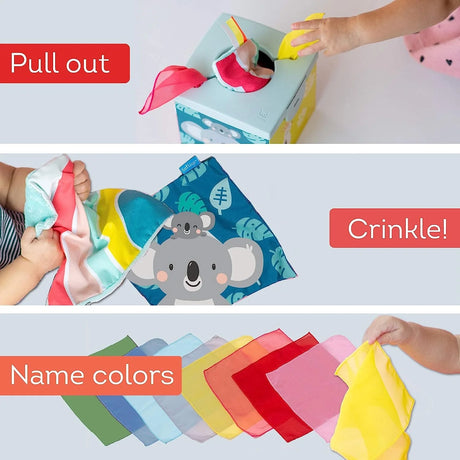 Infographic showing play options for Taf Toys Kimmy Koala Wonder Tissue Box: pull out, crinkle, and name colors.