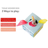 Infographic for Tissue Wonder Box detailing 3 play modes with colourful fabrics emerging from a blue box.