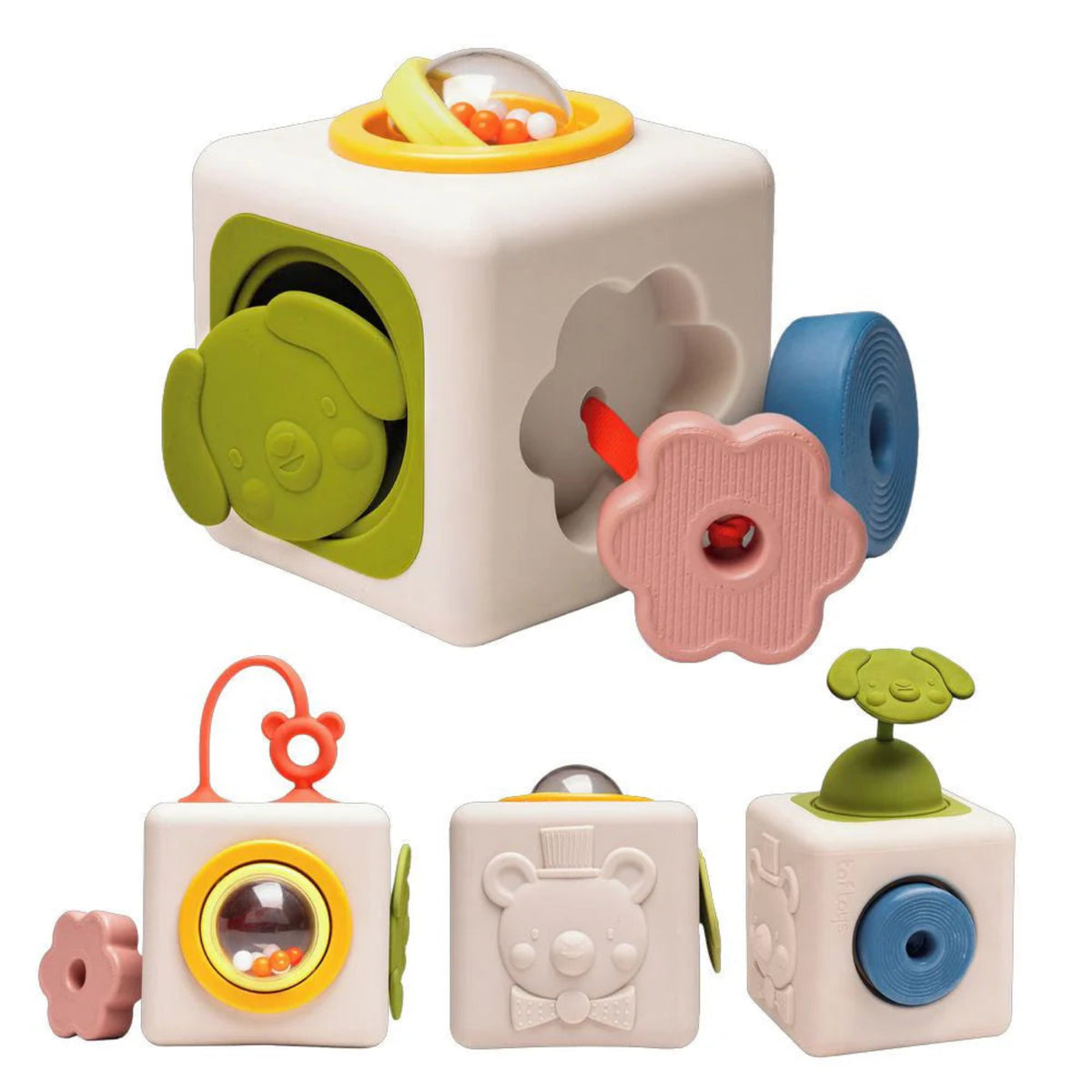 Baby sensory activity cube toy featuring interactive animal flaps, a bead dome, and pull shapes.