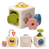 Baby sensory activity cube toy featuring interactive animal flaps, a bead dome, and pull shapes.