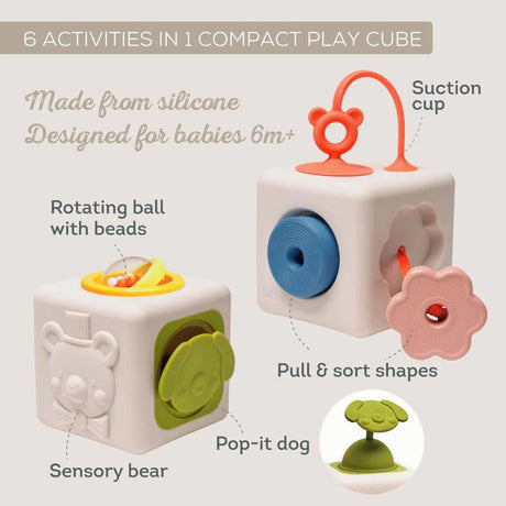 Infographic showing a silicone 6-in-1 baby activity play cube with interactive sensory features.