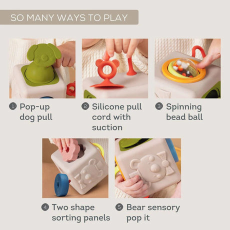 Infographic showing play features of a sensory toy cube: pop-up dog, silicone pull cord, and spinning ball.