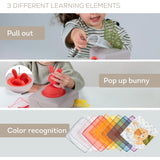 Infographic showing Taf Toys Pop-Up Tissue Box learning elements: pull out scarves, pop-up bunny, and color recognition.