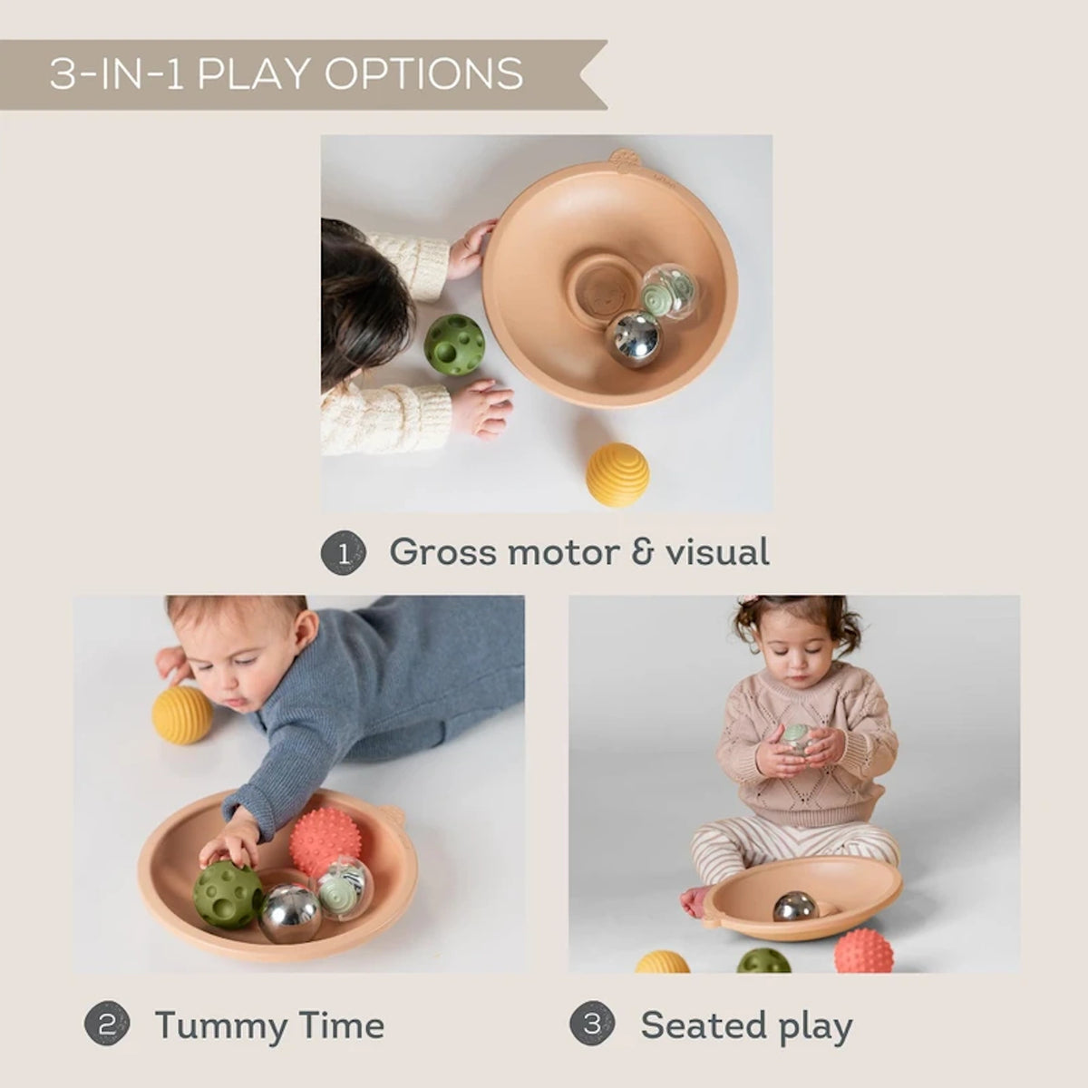 Infographic showing three play options for a round sensory tray set: gross motor, tummy time, and seated play.