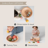 Infographic showing three play options for a round sensory tray set: gross motor, tummy time, and seated play.