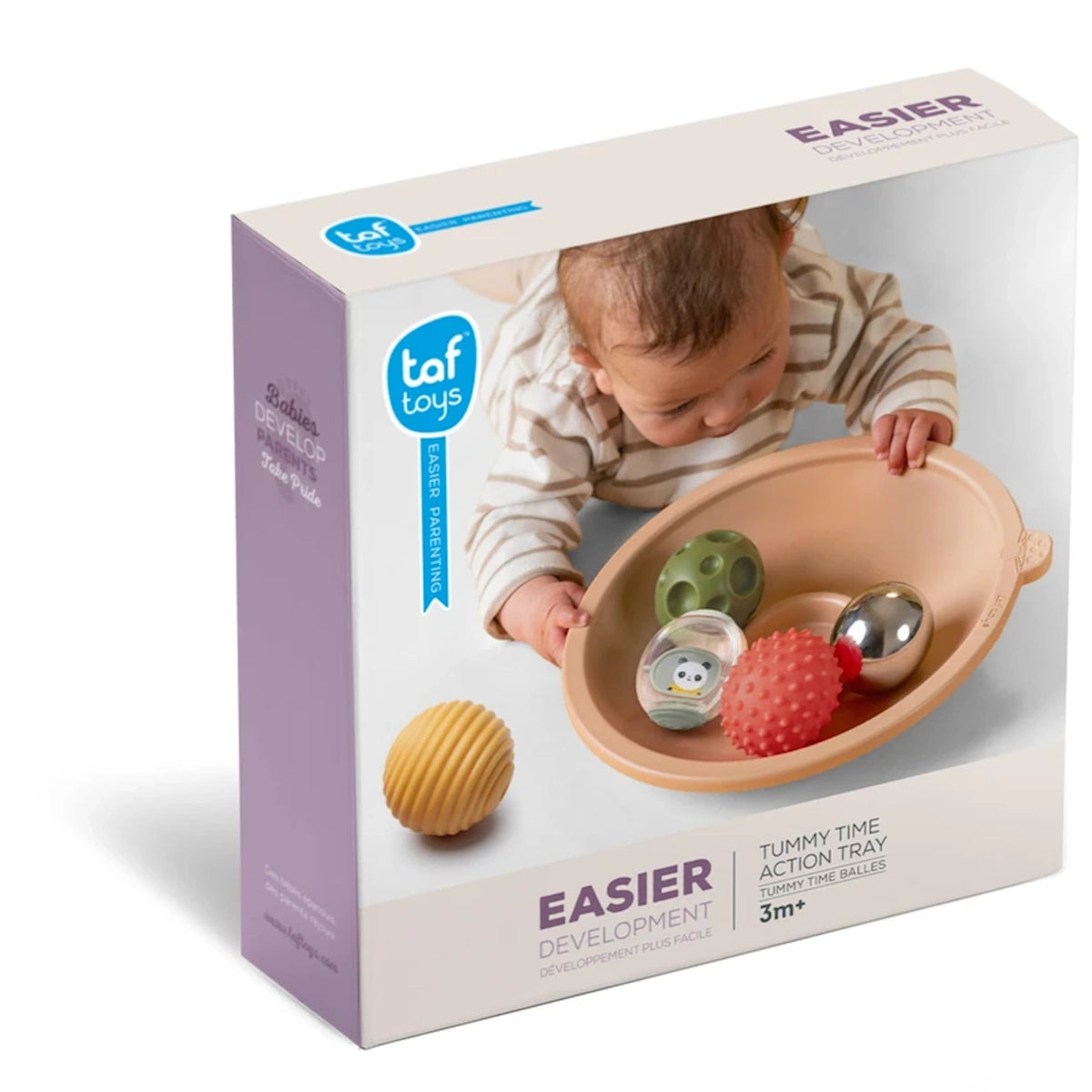 Product packaging for Taf Toys Tummy Time Action Tray showing a baby playing with textured sensory balls.