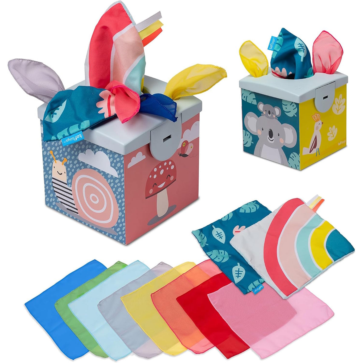 Taf Toys Kimmy Koala Wonder Tissue Box with colorful fabric tissues and organza scarves.