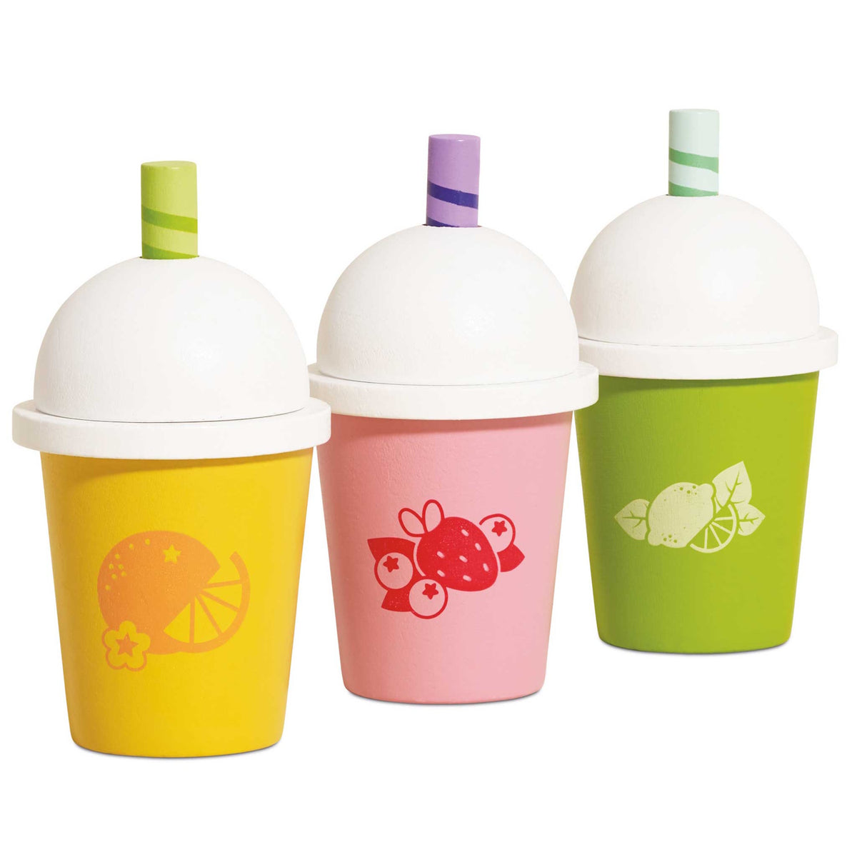 Three wooden play smoothie cups in yellow, pink, and green with white domed lids and striped straws.