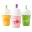 Three colorful wooden toy takeaway smoothie cups with white domed lids and striped straws.