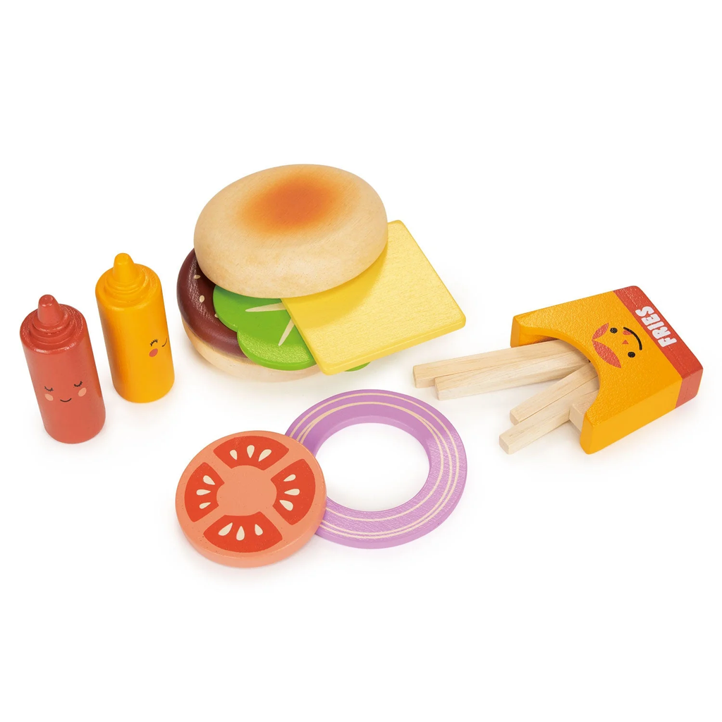 A wooden play food set featuring a build-your-own burger with realistic ingredients, perfect for imaginative role play and developing fine motor skills.