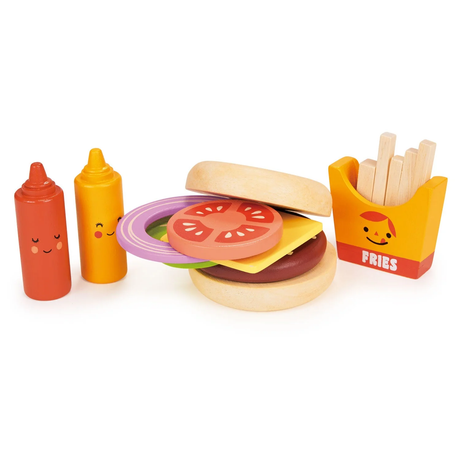 A wooden play food set featuring a build-your-own burger with realistic ingredients, perfect for imaginative role play and developing fine motor skills.