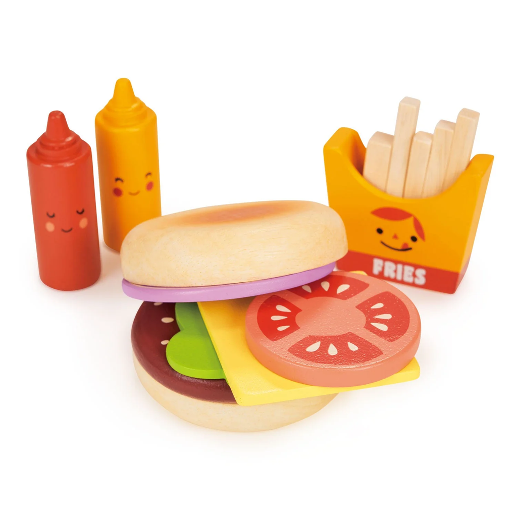 A wooden play food set featuring a build-your-own burger with realistic ingredients, perfect for imaginative role play and developing fine motor skills.