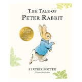 Book cover for The Tale of Peter Rabbit by Beatrix Potter, featuring an illustration of Peter in his blue jacket.