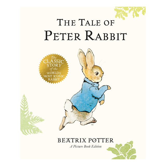 Book cover for The Tale of Peter Rabbit by Beatrix Potter, featuring an illustration of Peter in his blue jacket.