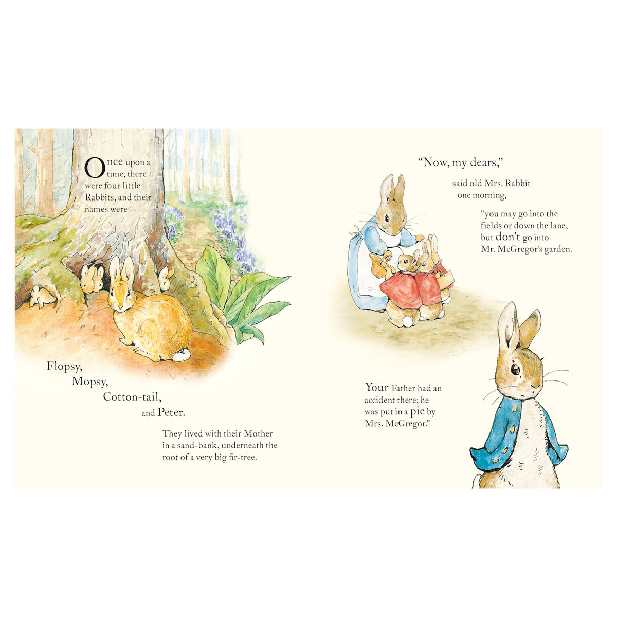 Inside pages of The Tale of Peter Rabbit showing the four siblings and Mrs. Rabbit's warning about Mr. McGregor's garden.