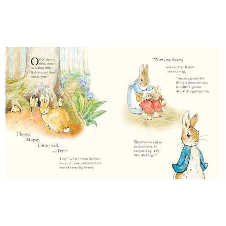 Inside pages of The Tale of Peter Rabbit showing the four siblings and Mrs. Rabbit's warning about Mr. McGregor's garden.