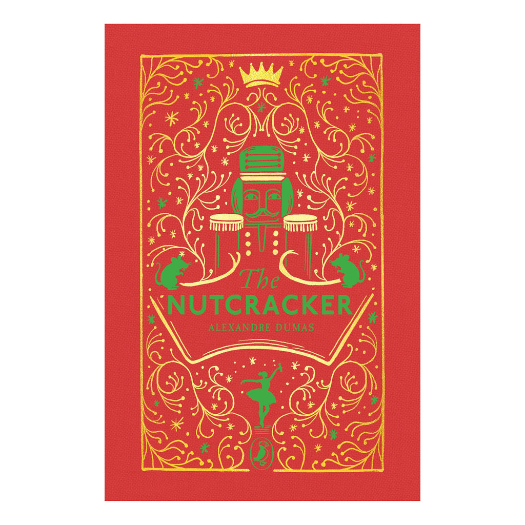 Red book cover for "The Nutcracker" by Alexandre Dumas. Features a green nutcracker, gold intricate patterns, and Christmas motifs, conveying a festive tone.