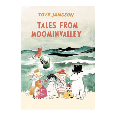 Book cover for "Tales from Moominvalley" by Tove Jansson featuring Moomintroll and friends on a beach by the sea.