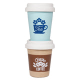 Two wooden play eco-cups stacked on top of each other, one labeled Tea and the other Fresh Coffee.