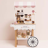 Wooden play cafe cart with striped awning, espresso machine, wooden eco-cup, and play snacks.