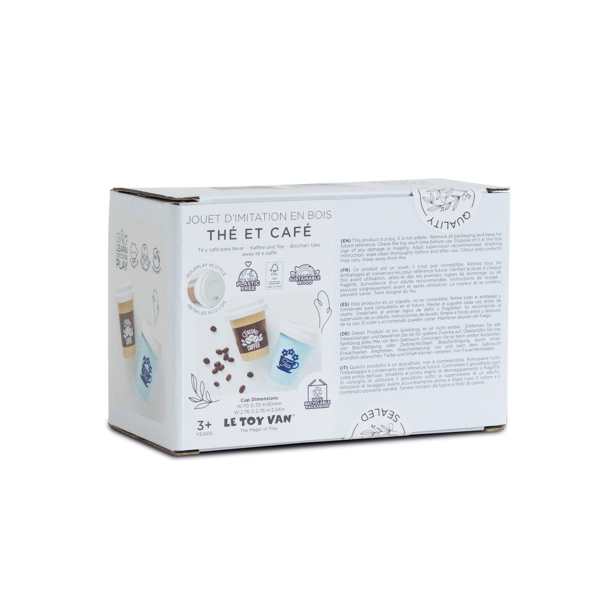 Back of Le Toy Van wooden tea and coffee cups set packaging displaying product measurements and safety information.