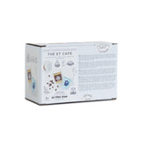 Back of Le Toy Van wooden tea and coffee cups set packaging displaying product measurements and safety information.