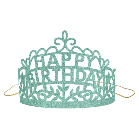Teal glittery "Happy Birthday" party tiara with decorative cut-outs and an elastic band for celebrations.