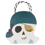Meri Meri pirate party bag featuring a skull with a gold foil eye patch and a teal bandana. Ideal for pirate-themed birthdays.