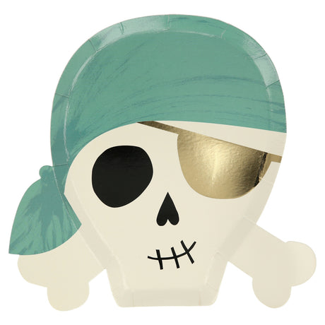 A pirate skull paper plate with a teal bandana, crossbones, and a shiny gold eyepatch.