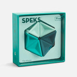 Speks Pivot silicone hexaflexagon fidget toy packaged in a teal display box.