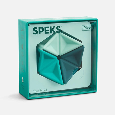 Speks Pivot silicone hexaflexagon fidget toy packaged in a teal display box.